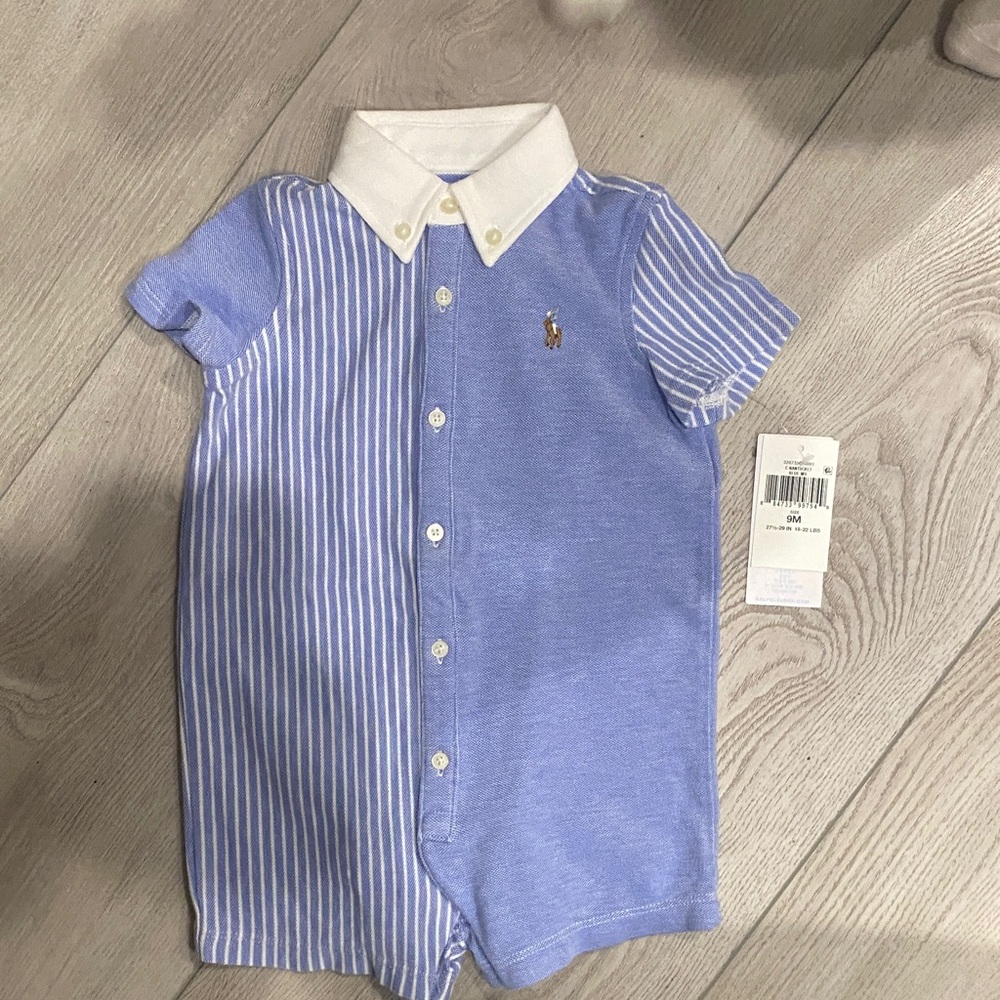 Ralph Lauren Blue Striped Baby Romper with White Collar